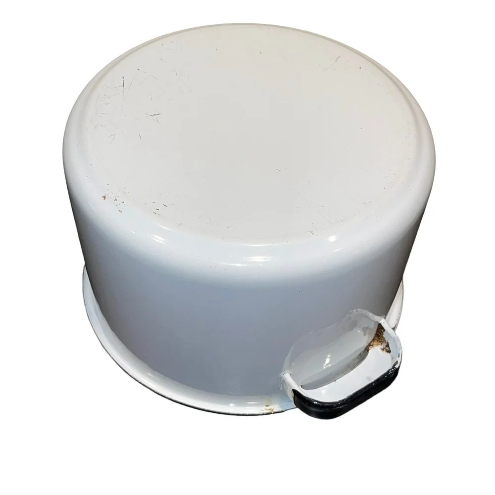 Vintage Rustic Medium Enamelware Black and White Crock Pot w Lid Decoration Only